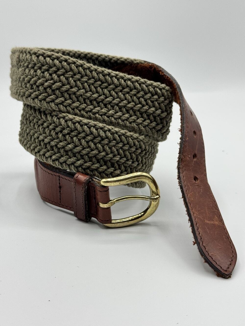 Men's Sz 32 Olive Green Leather Cotton Elastic Tan Woven Braided Golf Belt